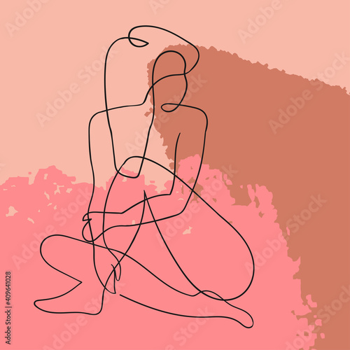Vector outline illustration of woman body on abstract blobe background. One line drawing. Use it as greeting card, poster, banner, social media post, fashion print, invitation, sale, brochure