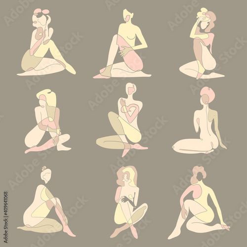 Vector set with colorful illustrations of silhouette woman body. One line drawing isolated on white background. For design card, poster, banner, social Media post, fashion print, beaty salon logo