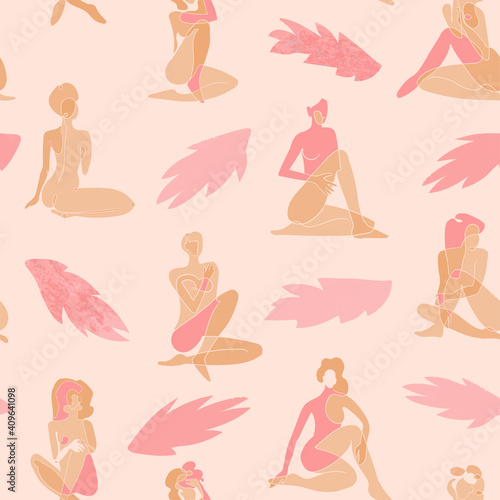 Vector seamless pattern with colorful illustration of silhouette women body and exotic leaves. For wallpaper, textile print, web page, wrapping paper, design of presentation and other graphic design