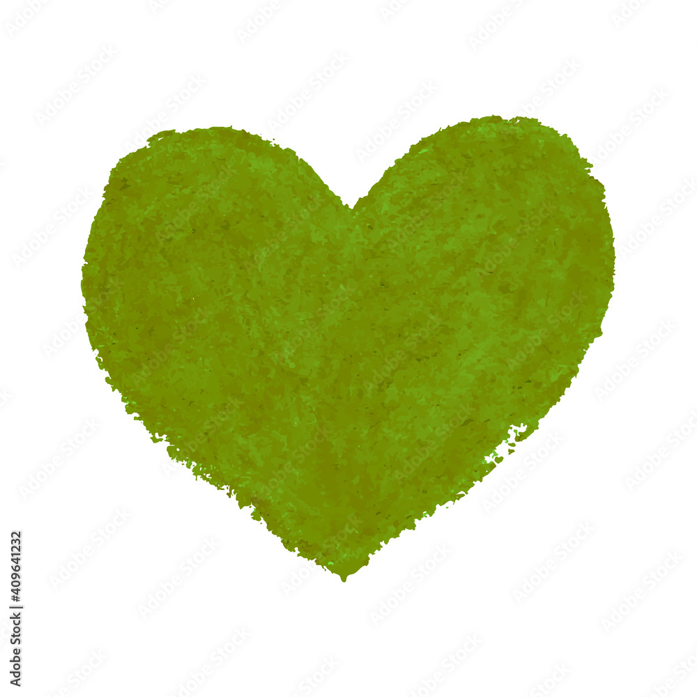 Vector colorful illustration of heart shape drawn with green colored chalk pastel. Element for design greeting card, poster, banner, Social Media post, invitation, sale, brochure, other graphic design