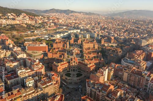 Aerial drone shot of Barcelona near Turo de la Rovira in morning sunrise