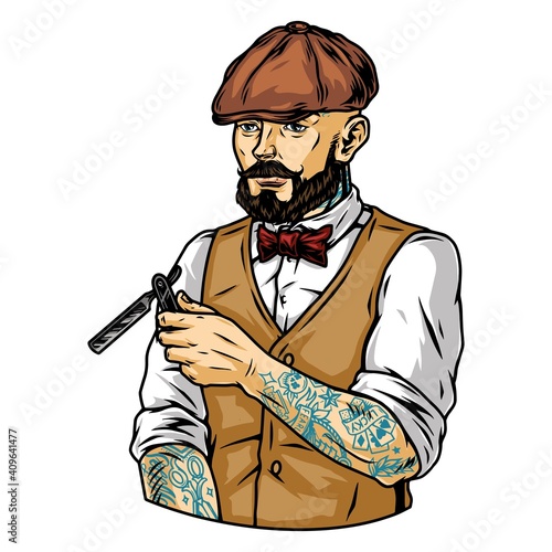 Bearded and mustached tattooed stylish barber