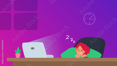 woman sleeping on the desk near the laptop at night vector illustration