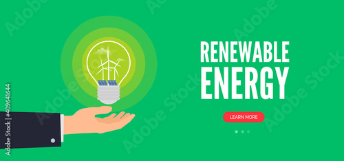 renewable energy web banner design solar panels and wind turbines in light bulb human hand vector illustration