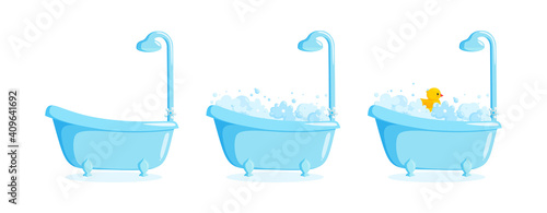 Bathtub with suds and rubber duck and shower. Clawfoot tub set with duck, bubbles and foam. Vector illustration in cartoon style