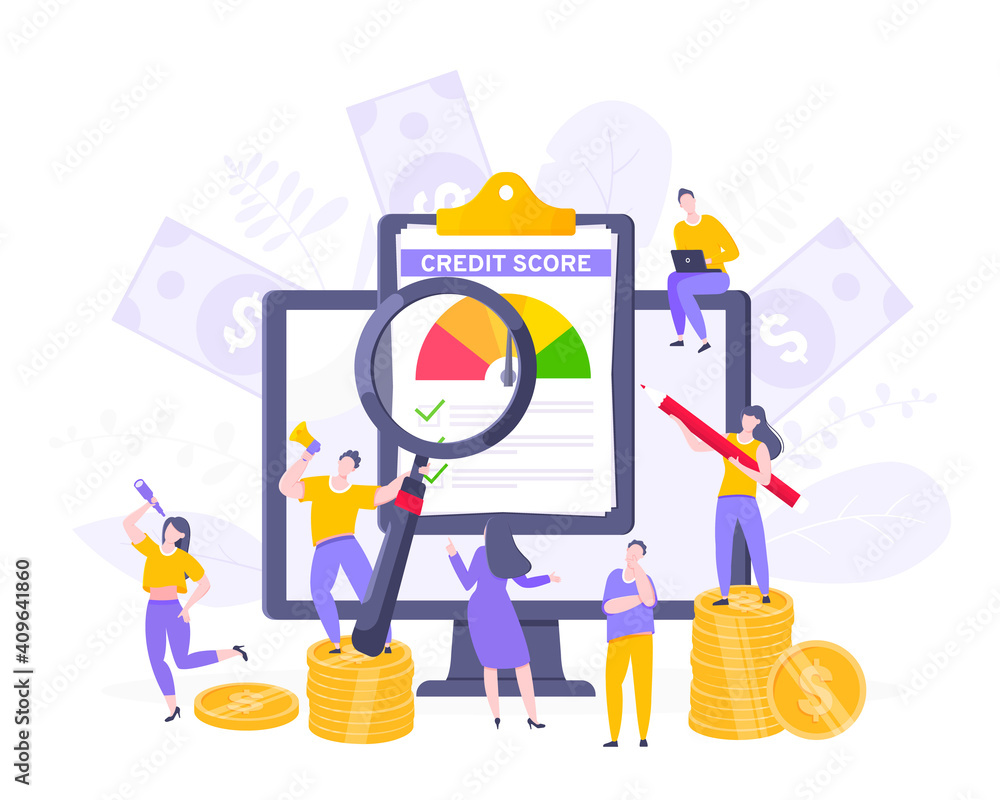 Credit score report with arrow gauge speedometer indicator with color levels on giant clipboard. Measurement from poor to excellent rating with tiny people working together vector illustration. Credit score report with arrow gauge speedometer indicator with color levels on giant clipboard. Measurement from poor to excellent rating with tiny people working together vector illustration.