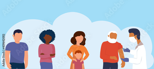 a nurse doctor gives a vaccine, an injection to an elderly man. A queue of people of different ages, genders, and nationalities. The concept of a global victory over the virus. Vector graphics