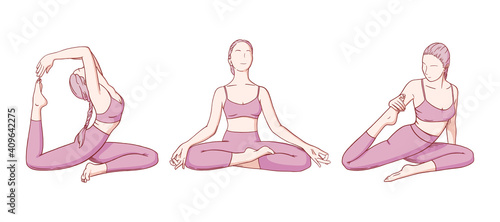 Woman practicing yoga. Flexibility improving yoga poses. Hand drawn sketch vector illustration isolated on white background