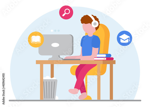 Web banner concept for online education. E-learning. Can be used on websites and mobile applications. Student to study at home during quarantine at the computer. Landing page template. Online courses.