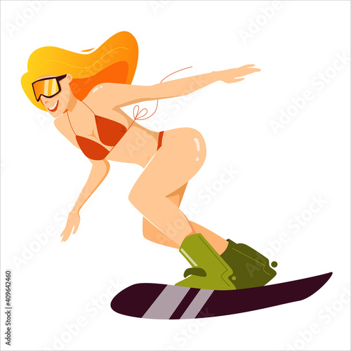 Red-haired women in bikini on snowboard. Winter sport, woman in sport. Snowboard jumping.