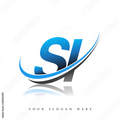 SI initial logo company name colored blue and black swoosh design, isolated on white background. vector logo for business and company identity.