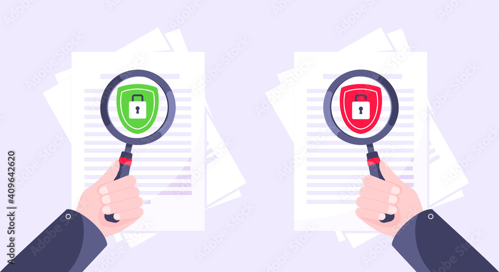 Privacy policy, safety lock and data protection metaphor set. Hand hold magnifier shield with padlock on the paper with personal data security protection symbol flat style design vector illustration. Privacy policy, safety lock and data protection metaphor set. Hand hold magnifier shield with padlock on the paper with personal data security protection symbol flat style design vector illustration.