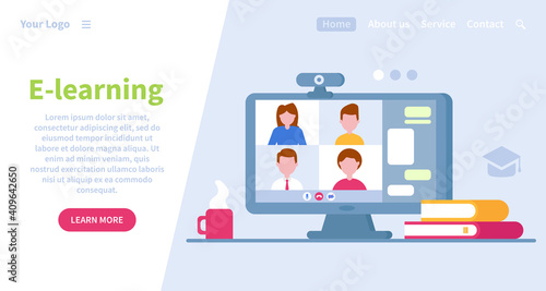 Landing page template. E-learning at home in quarantine. Online education. Videoconference and video tutorial on a computer with books. Online work. Web banner. Study during quarantine. Covid-19.