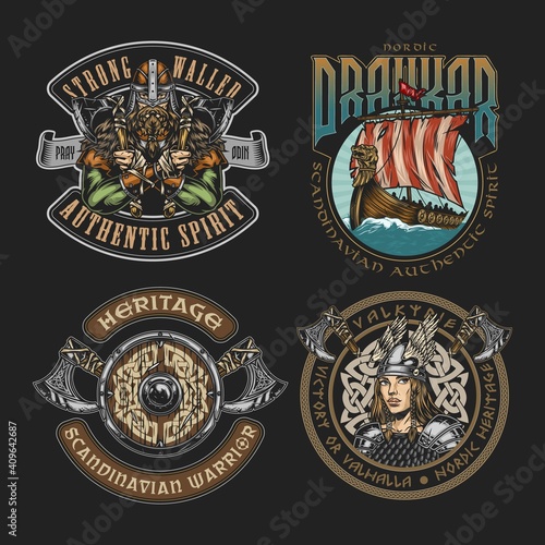 Colorful viking vintage badges
