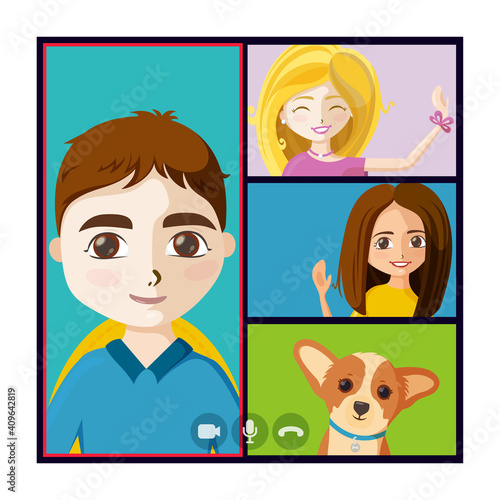 Virtual hangout with people and puppy. Online quarantine meet of friends or colleagues. Vector illustration in cartoon style