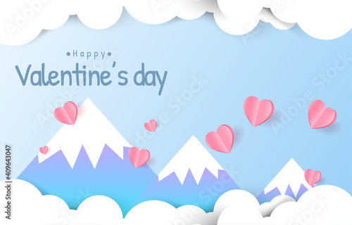 Paper cut elements in shape of heart flying on mountain  pink and sweet background. landscape with balloon Vector symbols of love for Happy Valentines Day, greeting card design.
