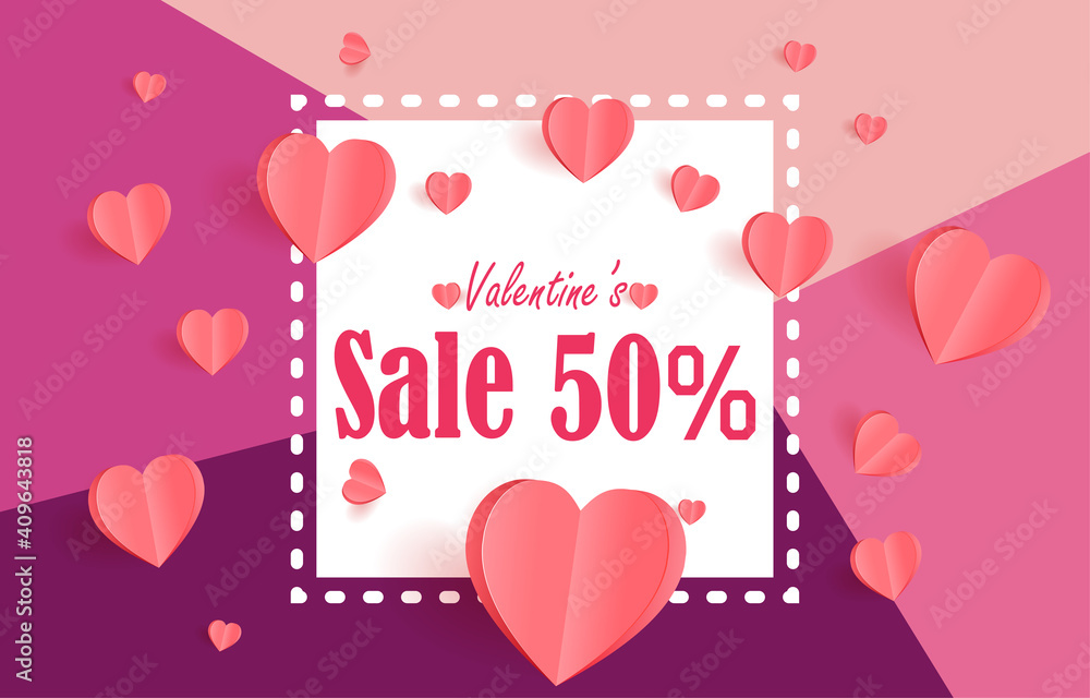 Valentine's sale Paper cut elements in shape of heart flying on frame and text sale on pink and sweet background. Vector symbols of love for Happy Valentines Day, greeting card design.