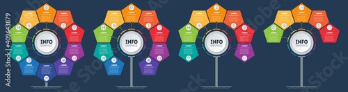 Development and growth of the technology in the world. Business presentation with steps or processes. Info graphic. Set of Vertical infographics or time lines with 5, 7, 9 and 10 parts.