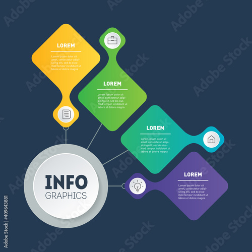 Web Template of a chart, mindmap or diagram on dark background. Vector dynamic infographics or mind map of technology or education process with four steps. Business presentation or infographic.
