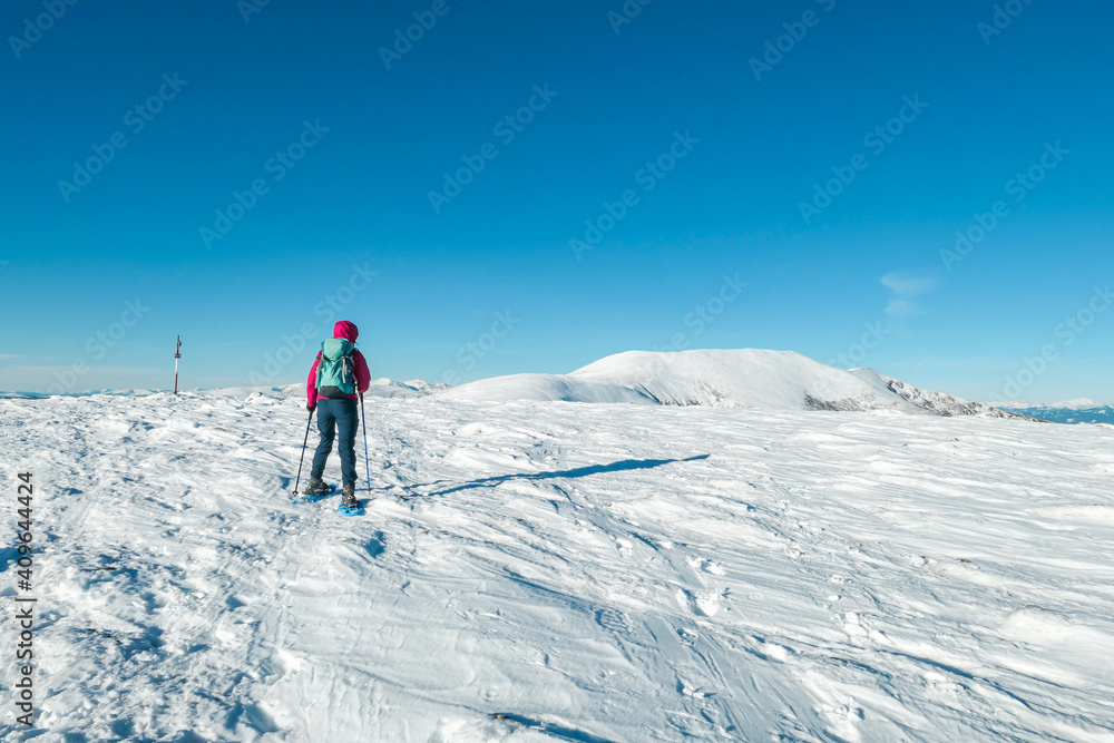 A woman wearing pink jacket and snow shoes hiking up to Amerinkogel's peak in Austrian Alps. Fresh powder snow. Many mountain chains in the back. Winter outdoor activity. Solitude and peace