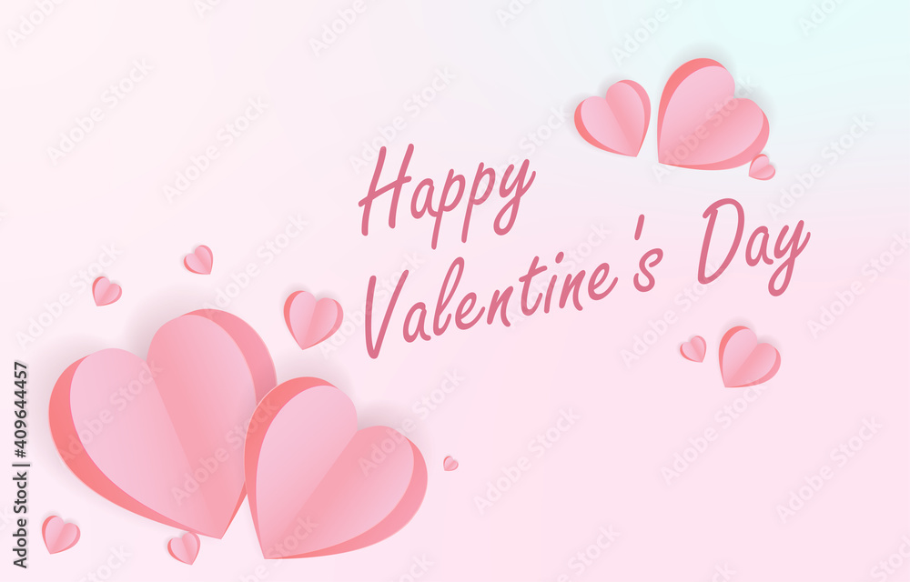 Paper cut elements in shape of heart flying on pink and sweet background. Vector symbols of love for Happy Valentine's Day, birthday greeting card design.