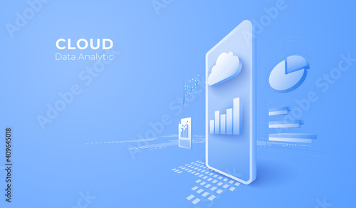 Big data digital technology for business analytic concept. 3D mobile phone with cloud background. vector art illustration