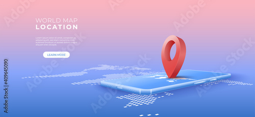Navigator 3D pin location checking on world map background. Locator position point with mobile phone. Vector art illustration