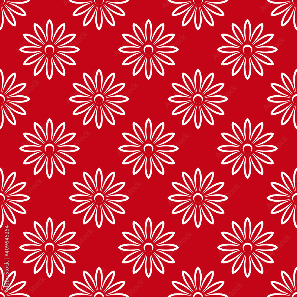 White contour chamomile flowers isolated on a red background. Cute monochrome floral pattern. Vector flat graphic illustration. Texture. White contour chamomile flowers isolated on a red background. Cute monochrome floral pattern. Vector flat graphic illustration. Texture.