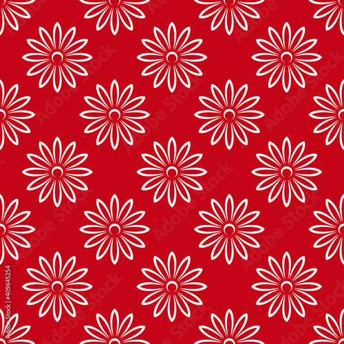 White contour chamomile flowers isolated on a red background. Cute monochrome floral pattern. Vector flat graphic illustration. Texture. © far700