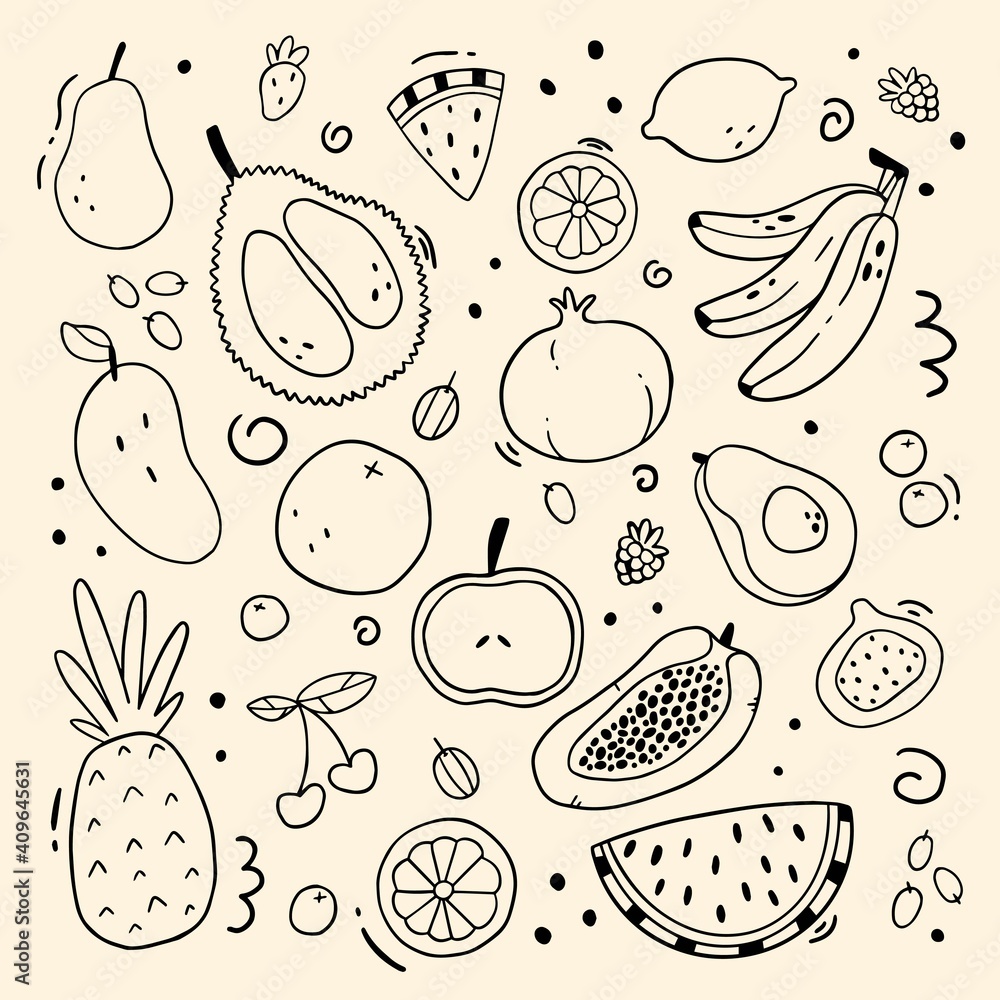 Vector set of different fruits and berries in doodle style. Simple vector doodle illustration. Fruits isolated on background. Vector set of different fruits and berries in doodle style. Simple vector doodle illustration. Fruits isolated on background.