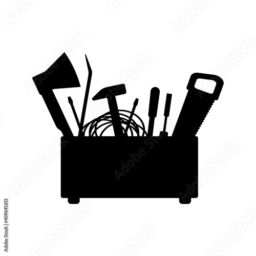 Tool box icon. Black silhouette. Side view. Vector flat graphic illustration. The isolated object on a white background. Isolate.