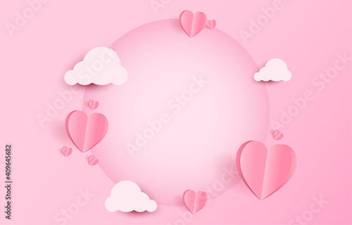 Paper cut elements in shape of heart flying and clouds on pink and sweet background with a blank circle frame. Vector symbols of love for Happy Valentine's Day, birthday greeting card design.