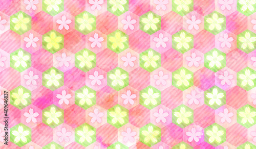 桜の花の背景画像、六角形のパターン、ピンクと緑、かわいい色彩 © yuki_shibaura