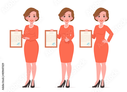 Beautiful woman holding certificate or diploma. Vector illustration isolated on white background. 