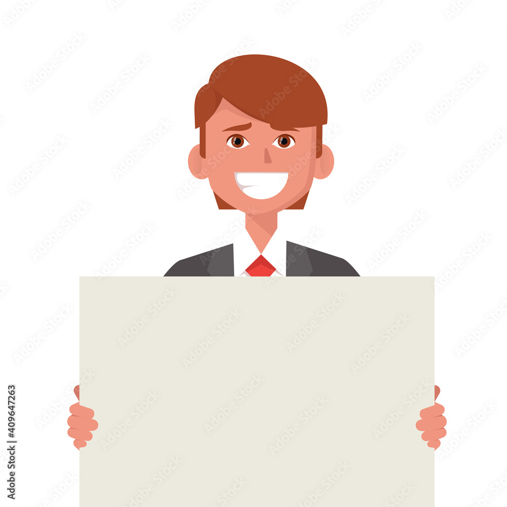 Young smiling businessman showing blank white poster. Vector illustration.