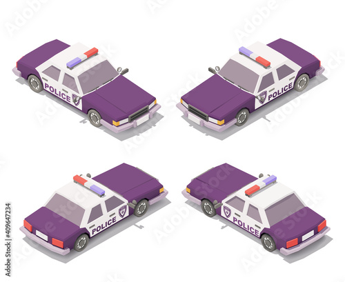Vector isometric police car isolated on white background. Low poly car. Four side view. Grouped elements.
