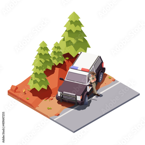 Vector isometric police officer stands near the car on the side of road. Guardians of order. Isolated on white