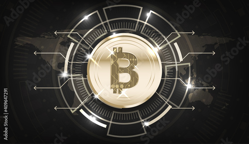 Gold coin with light arrows and circle shape on dark map background. Cryptocurrency concept some Elements of this image furnished by NASA