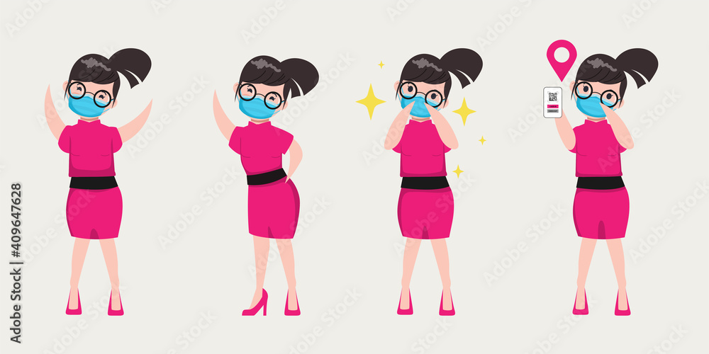 Cute woman protects herself from COVID-19 when outside. Cute woman protects herself from COVID-19 when outside.