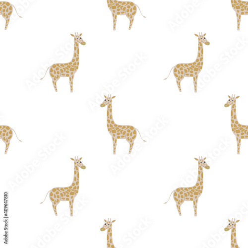 Africa seamless pattern with beige doodle giraffe silhouettes. White background. Simple design.