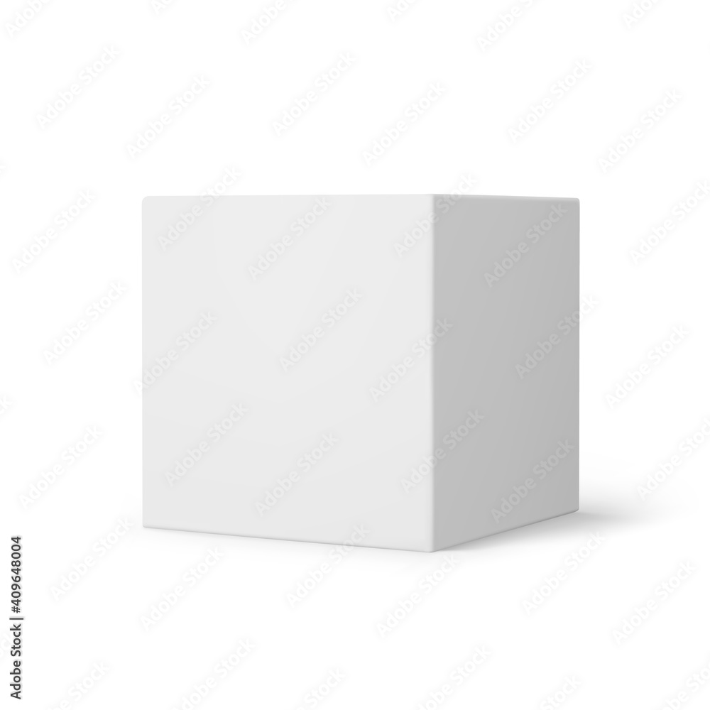 White 3d cube with perspective isolated on white background. 3d modeling box with lighting and shadow. Realistic vector icon White 3d cube with perspective isolated on white background. 3d modeling box with lighting and shadow. Realistic vector icon