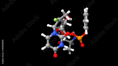 Animated 3D ball-and-stick and spacefill model of sofosbuvir, a drug for the treatment of hepatitis C, black background photo