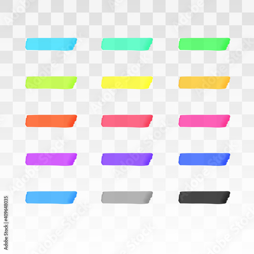 Color highlighter lines set isolated on transparent background. Red, yellow, pink, green, blue, purple, gray, black marker pen highlight underline strokes. Vector hand drawn graphic stylish element