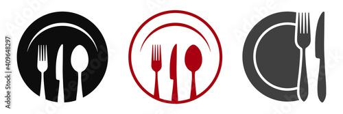 Restaurant menu icons, set plate, fork and knife icons in different variations - stock vector