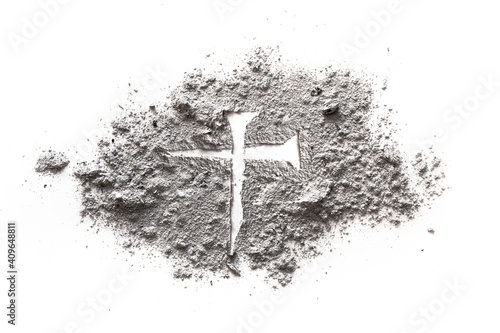 Nail for Jesus cross and crucifixion as symbol of calvary, pain and suffering of son of God on Good Friday, Ash Wednesday, Lent, Good Week and Easter, made of ash or dust