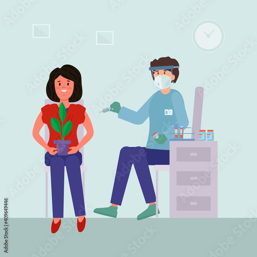 A vaccine against the virus. The concept of family vaccination for immune health. A doctor gives an injection of a vaccine against the virus in the hospital. Health care, treatment, prevention and