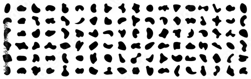 Set random abstract blotch shapes. Liquid shape elements. Black round blobs collection. Fluid dynamic forms. Rounded spot or speck of irregular form. Pebble, blotch, inkblot, stone and drops.