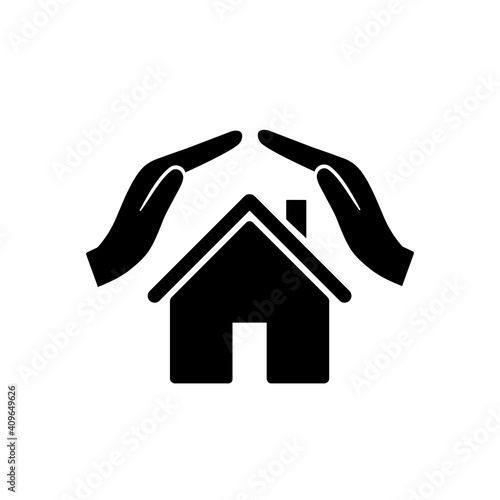 Protecting hands over house icon, home security and protection concept, property insurance - stock vector