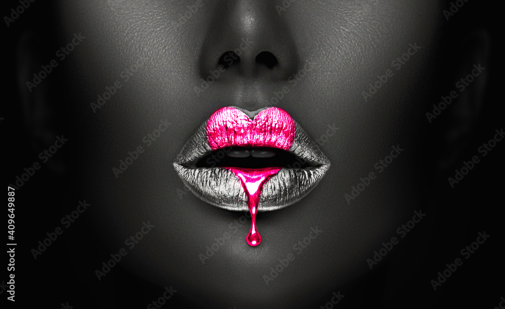 Pink Paint heart dripping, lipgloss drops on sexy lips, bright liquid paint on beautiful model girl's mouth, black skin. Lipstick. Make-up. Beauty face makeup, close up. Love, Valentine's Day concept - obrazy, fototapety, plakaty 
