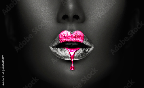Pink Paint heart dripping, lipgloss drops on sexy lips, bright liquid paint on beautiful model girl's mouth, black skin. Lipstick. Make-up. Beauty face makeup, close up. Love, Valentine's Day concept